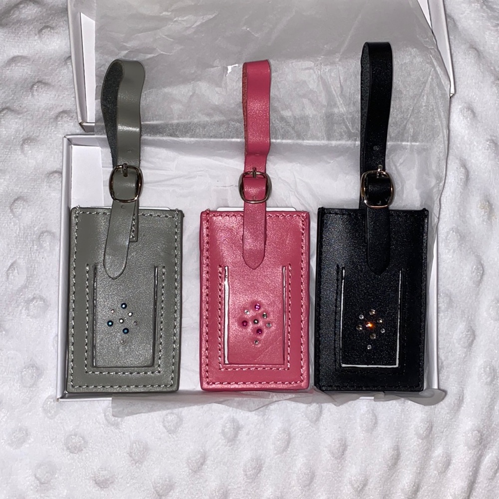 Three Pink Black Gray Swarovski Jeweled Luggage Tags NIB